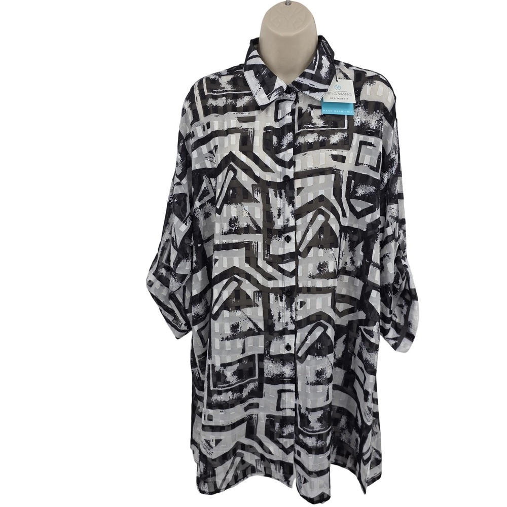 Ming Wang Shirt Women L Black White Geometric Sheer Button Tunic Top Artsy